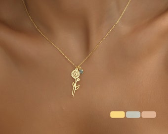 14K Gold Birthflower Necklace with Birthstone, Personalized Birthflower Necklace, Custom Birth Flower Necklace, Mothers Day Gift, Minimalist