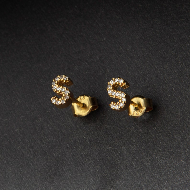 14K Solid Gold Initial Earrings With Zircon, Custom Initial Earrings