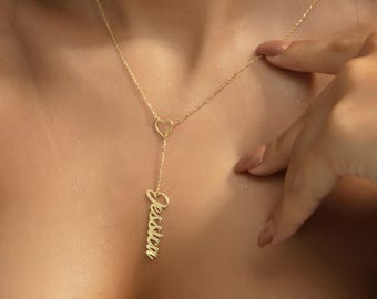 14K Gold Name Necklace with Heart and Star, Vertical Name Necklace, Heart Necklace, Bridesmaid Gifts, Personalized Necklaces for Women