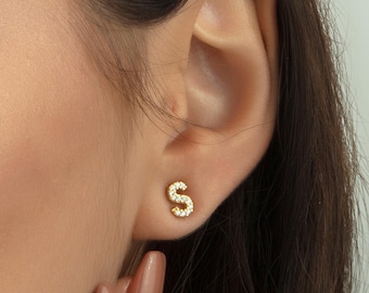 14K Gold Initial Earrings with Zircon, Bridesmaid Initial Earrings, Minimalist Personalized Earrings, Christmas Gift, Gift for Her