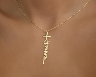 14K Gold Cross Name Necklace, Personalized Cross Necklace, 14K Gold Religious Jewelry, Personalized Christian Jewelry, Christmas Gifts