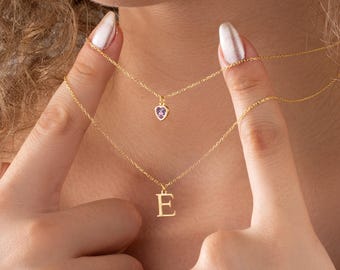 Personalized Birthstone and Initial Necklace • Custom Layered Jewelry for Women • Layered Initial Necklace for Her • Birthstone Jewelry