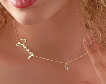 Side Name Birthstone Necklace, Custom 14K Gold Jewelry, Personalized Christmas Gift for Mom, Bridesmaid Necklace, Birthday Jewelry for Mom