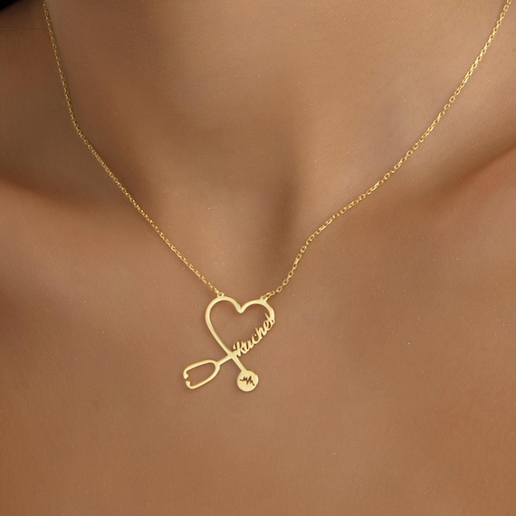 14K Solid Gold Personalized Stethoscope Name Necklace Custom Stethoscope Necklace Doctor Gift Nurse Gift Graduation Gifts Gift for Her Etsy