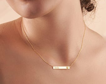 Engraved 14K Gold Bar Necklace, Personalized Jewelry, Christmas Gift for Mom, Birthday Gift for Sister, Custom Gold Necklace for Women