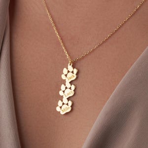 May include: Gold necklace with a pendant of four paw prints, each engraved with a name: Jack, Lucy, Milo.