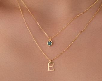 Layered Initial with Birthstone Necklace •  Birthstone Jewelry Gift for Mom • Personalized Letter Necklace for Women, Layered Chain Necklace