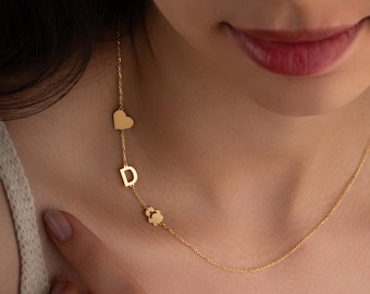 14K Gold Sideways Initial Necklace with Paw, Initial Paw Necklace, Paw Necklace, Christmas Gifts, Gold Initial Necklace, Dog Mom Gift