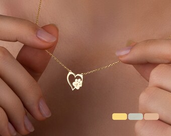 14K Gold Heart Paw Initial Necklace, Paw Initial Necklace, Dog Mom Gift, Pet Loss Gift, Paw Print Initial Necklace, Dog Paw Necklace