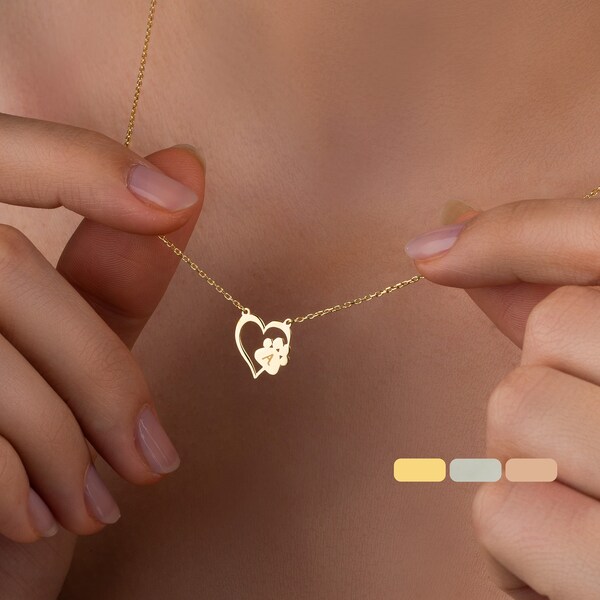 14K Gold Heart Paw Initial Necklace, Paw Initial Necklace, Dog Mom Gift, Pet Loss Gift, Paw Print Initial Necklace, Dog Paw Necklace