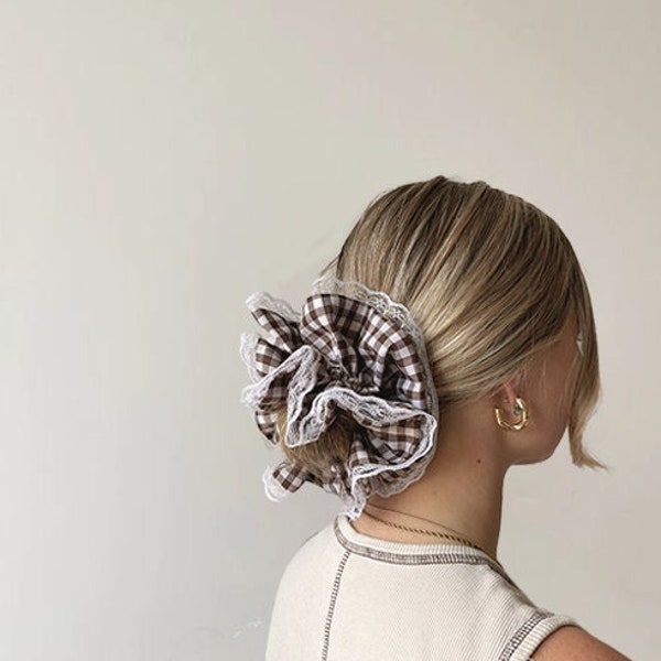 Double-layered brown gingham lace trim scrunchie