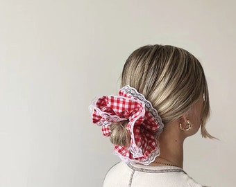 Double-layered red gingham lace trim scrunchie