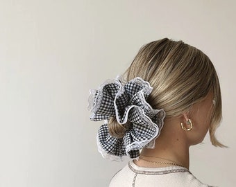 Double-layered black gingham lace trim scrunchie
