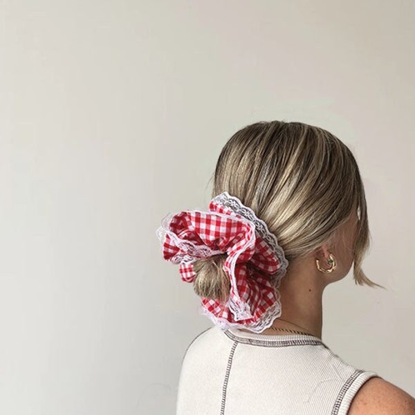 Double-layered red gingham lace trim scrunchie