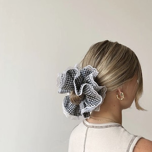 Double-layered black gingham lace trim scrunchie