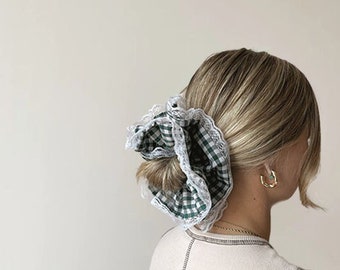 Double-layered green gingham lace trim scrunchie