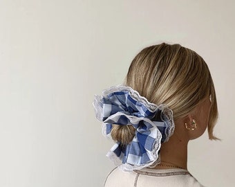 Double-layered blue gingham lace trim scrunchie