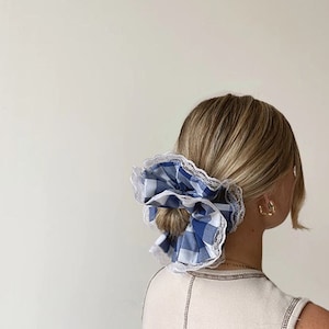 Double-layered blue gingham lace trim scrunchie