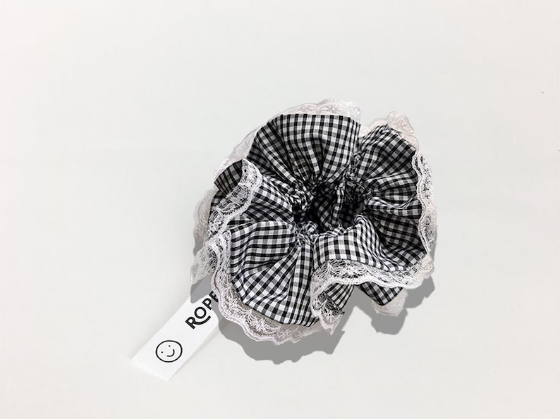 Double-layered brown gingham lace trim scrunchie image 2