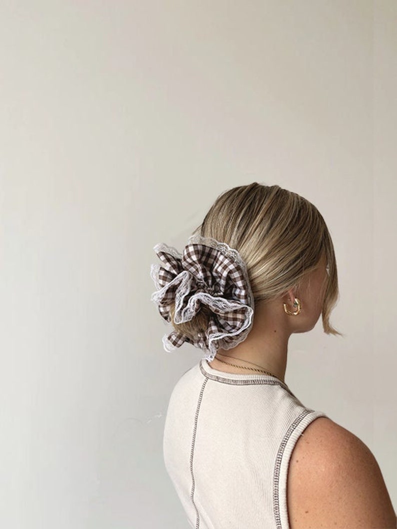 Double-layered brown gingham lace trim scrunchie image 1