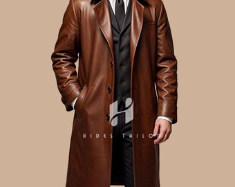 メンズブラウンレザートレンチコート - フルレングス、本革オーバー