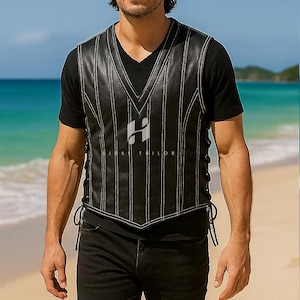 Classic Black Leather Vest for Men – Sleeveless with Contrast White Stitch Detail - Sleeveless Black Biker Leather Vest - Gift For Him