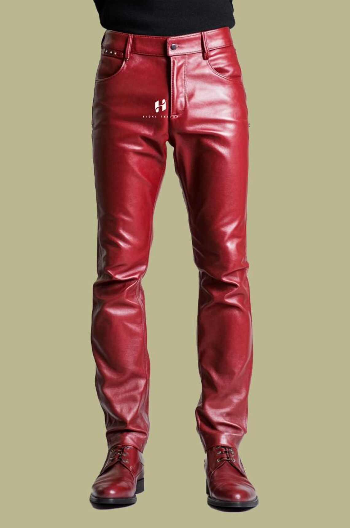 Black Mens Leather Pants with Red Piping