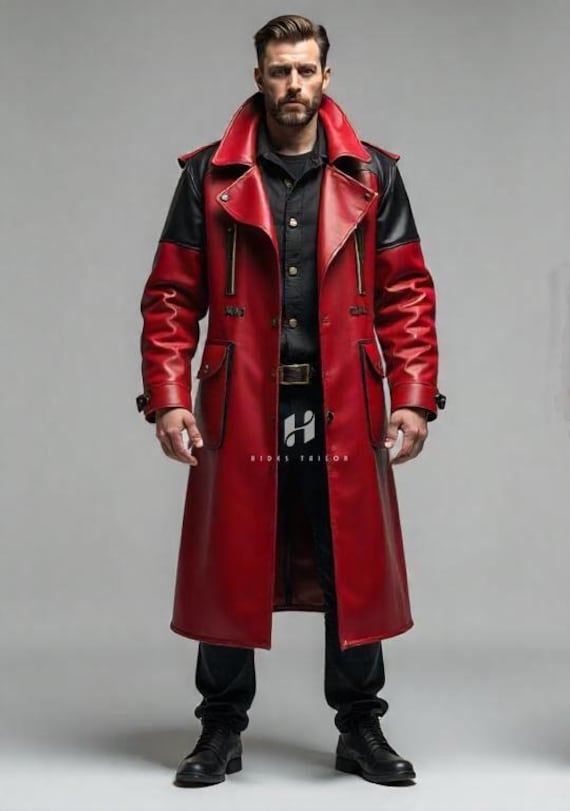 Trench in pelle rosso e nero da uomo lungo, soprabito in vera