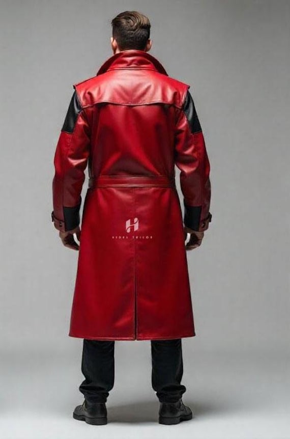 Roter und schwarzer Leder-Trenchcoat für Herren Volle Länge