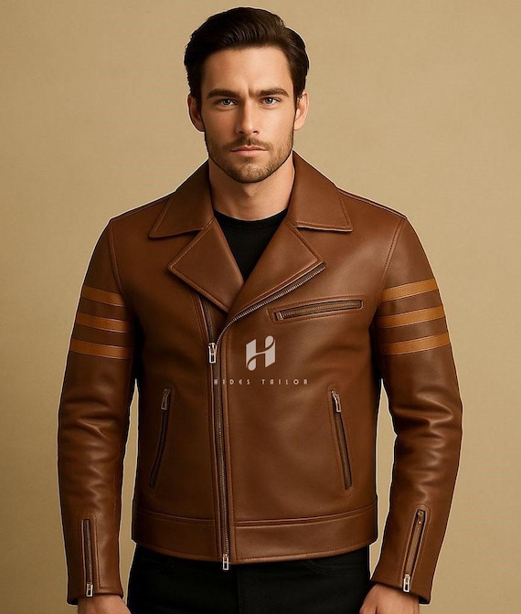 Jaqueta de couro marrom masculina para motociclista com detalhe