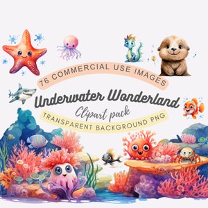 Unterwasser Wunderland - 76 Aquarell Bild PNG Bundle Unterwasser Fisch Kreatur und Freund Bilder digitaler Download.