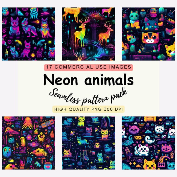 17 Neon Animals Abstracts Digital Paper PNG, Seamless Patterns, Bright Bold Neon Seamless Collection,  Download link, Commercial use.