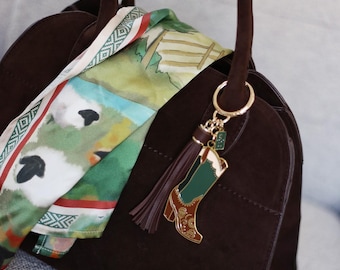 Cowgirl Boot Bag Charm: Studded Paisley, Green & Pink Tassel