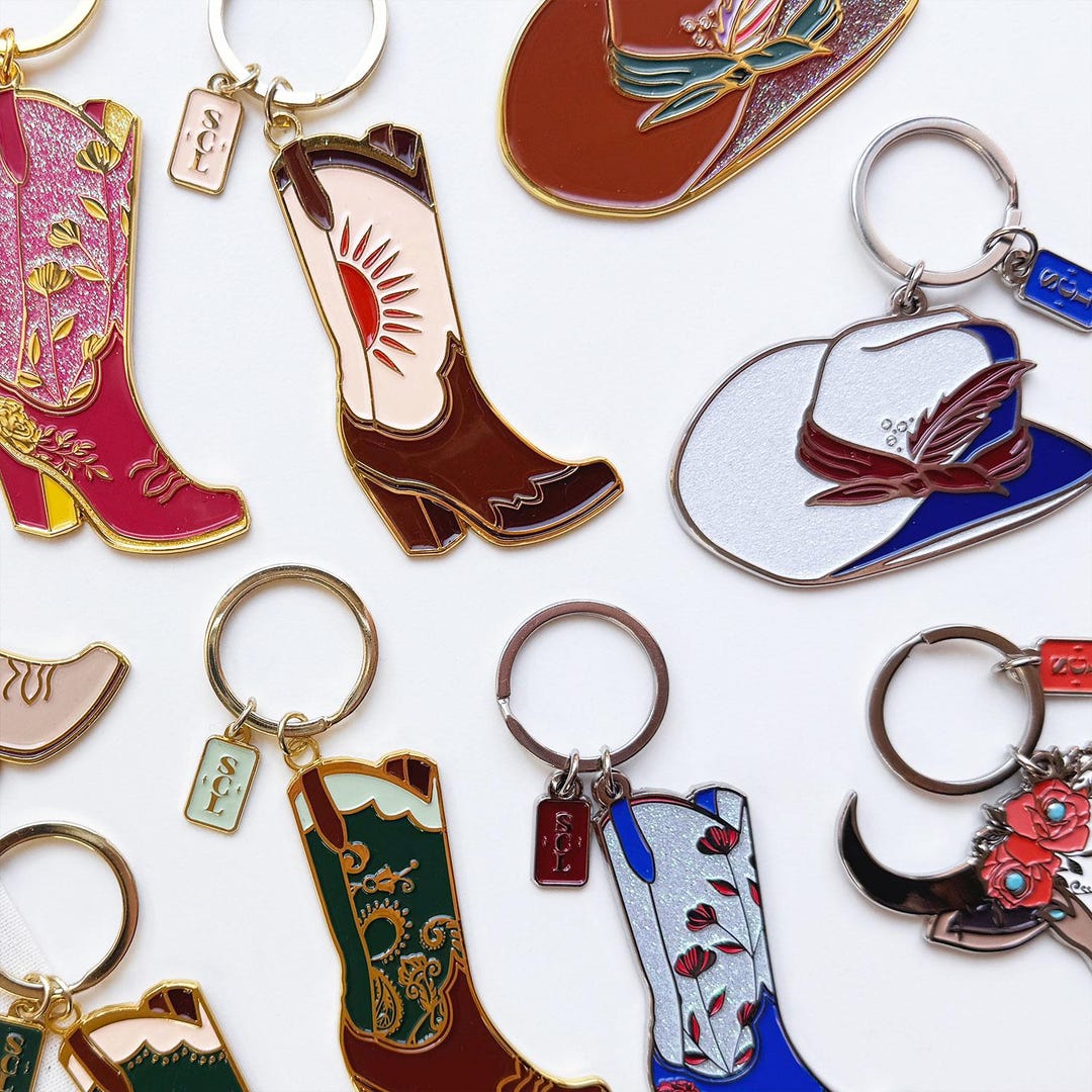 Texas Cowgirl Keychain: Rodeo Boot, Hat & Cow Charms - Made in USA - Etsy