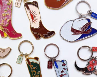 Texas Cowgirl Keychain: Rodeo Boot, Hat & Cow Charms - Made in USA