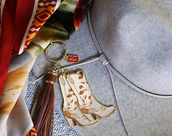 Pink Floral Cowgirl Boot Keychain: Western Bag Charm with Tassel