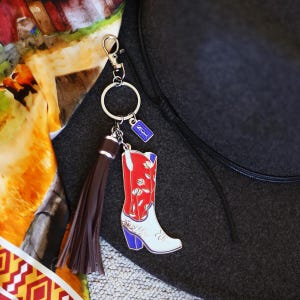 Patriotic Cowgirl Boot Keychain: USA Americana Tassel Charm