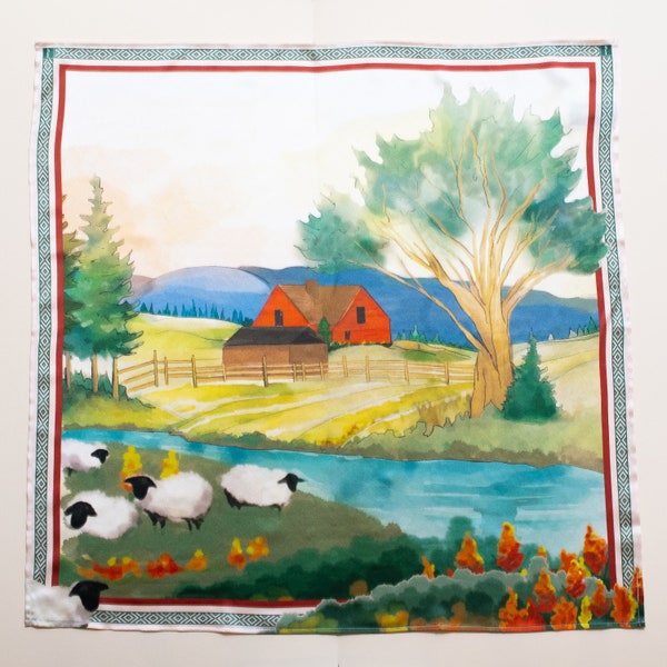 Lux Silk Countryside Sheep Custom Square Scarf Western Colorful Texas Rodeo Gift Wildrag Watercolor Chic