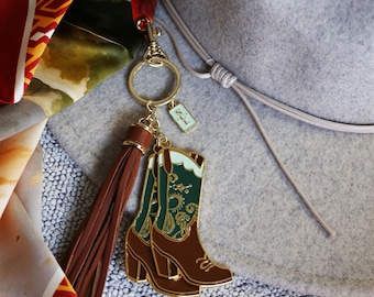 Emerald Cowgirl Boot Keychain: Western Bag Charm with Tassel