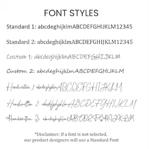 Puede incluir: Una lista de estilos de fuente para un producto, que incluye Standard 1, Standard 2, Custom 1, Custom 2, Handwritten 1, Handwritten 2 y Handwritten 3. Cada estilo de fuente se muestra con el alfabeto y los n&uacute;meros del 1 al 5. Una cl&aacute;usula de exenci&oacute;n de responsabilidad establece que si no se selecciona una fuente, los dise&ntilde;adores de productos utilizar&aacute;n una fuente est&aacute;ndar.