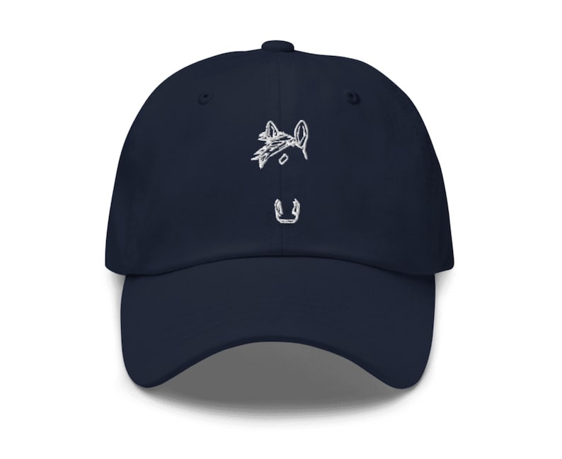 May include: A navy blue baseball cap with a white embroidered horse head design.