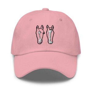 May include: A pink baseball cap with an embroidered design of two horse heads facing each other.