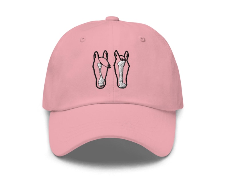 May include: A pink baseball cap with an embroidered design of two horse heads facing each other.