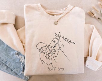 Spersonalizowany sweter dla konia - prezent dla miłośnika koni, lekka bluza z okrągłym dekoltem, odzież jeździecka dla kobiet, bluza z koniem na urodziny