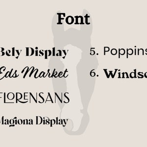 May include: A list of six different fonts, with the word "Font" at the top of the image. The fonts are: Bely Display, Eds Market, FLORENSANS, Magiona Display, Poppins, and Windsor.