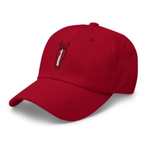 May include: A red baseball cap with an embroidered horse head design.