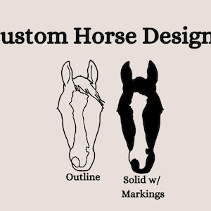 Puede incluir: Dos dibujos de l&iacute;nea de una cabeza de caballo. El primero es un contorno de la cabeza. El segundo es un dibujo negro s&oacute;lido con marcas blancas. El texto debajo de los dibujos dice "Outline" y "Solid w/ Markings".