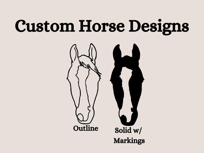 Puede incluir: Dos dibujos de l&iacute;nea de una cabeza de caballo. El primero es un contorno de la cabeza. El segundo es un dibujo negro s&oacute;lido con marcas blancas. El texto debajo de los dibujos dice "Outline" y "Solid w/ Markings".