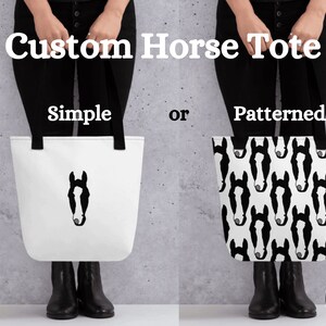 May include: A white tote bag with a black horse head silhouette. The tote bag is available in a simple design or with a patterned design featuring multiple horse heads.