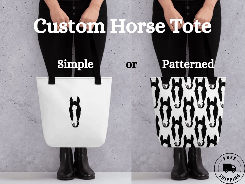May include: A white tote bag with a black horse head silhouette. The tote bag is available in a simple design or with a patterned design featuring multiple horse heads.
